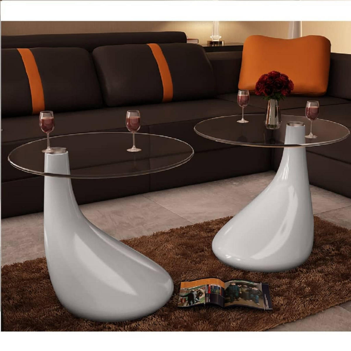COUCHTISCHE 2 Stk. mit Runder Glasplatte Hochglanz Weiß - Weiß, Kunststoff (42/42/55cm) - furnicato