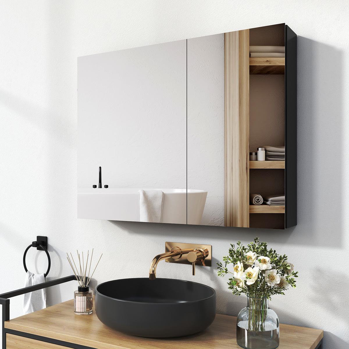 SPIEGELSCHRANK Schwarz 85/65/14,5 - Schwarz, Metall (65/65/85cm) - EMKE
