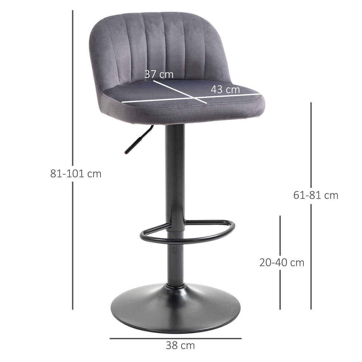 BARHOCKER 2er-Set DE-14823 höhenverstellbar & schwenkbar mit Fußstütze Grau - Grau, Metall (45/101/43cm) - ComfortXL