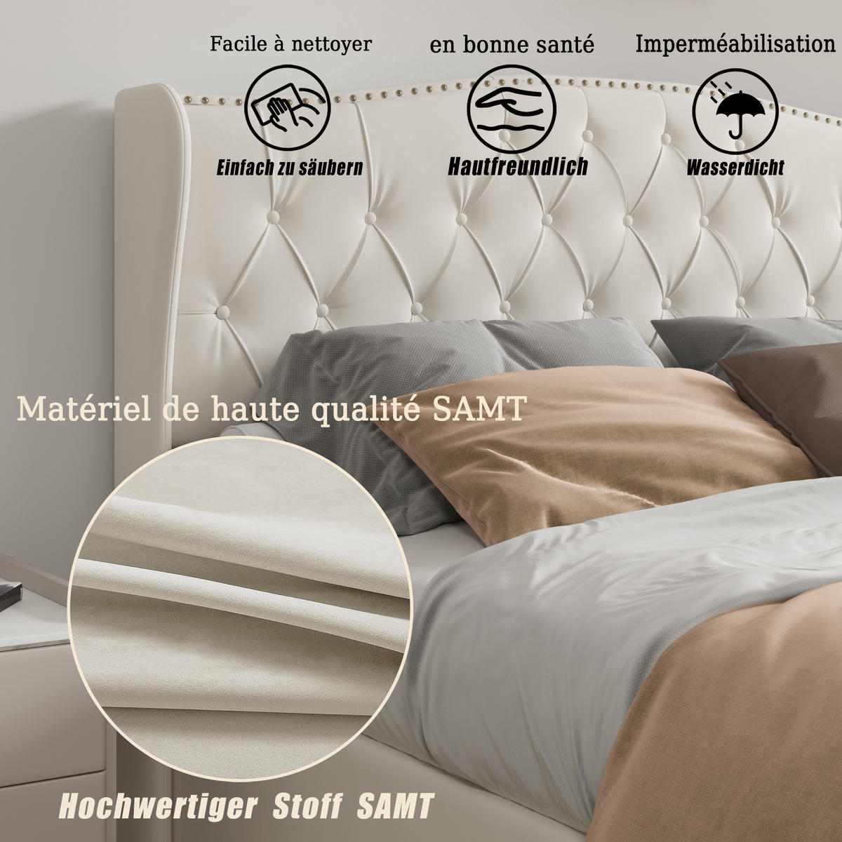 POLSTERBETT 140x190 cm Beige mit Bettkasten, Samtbezug & Wellenkopfteil - Beige, Holz (140/190cm)