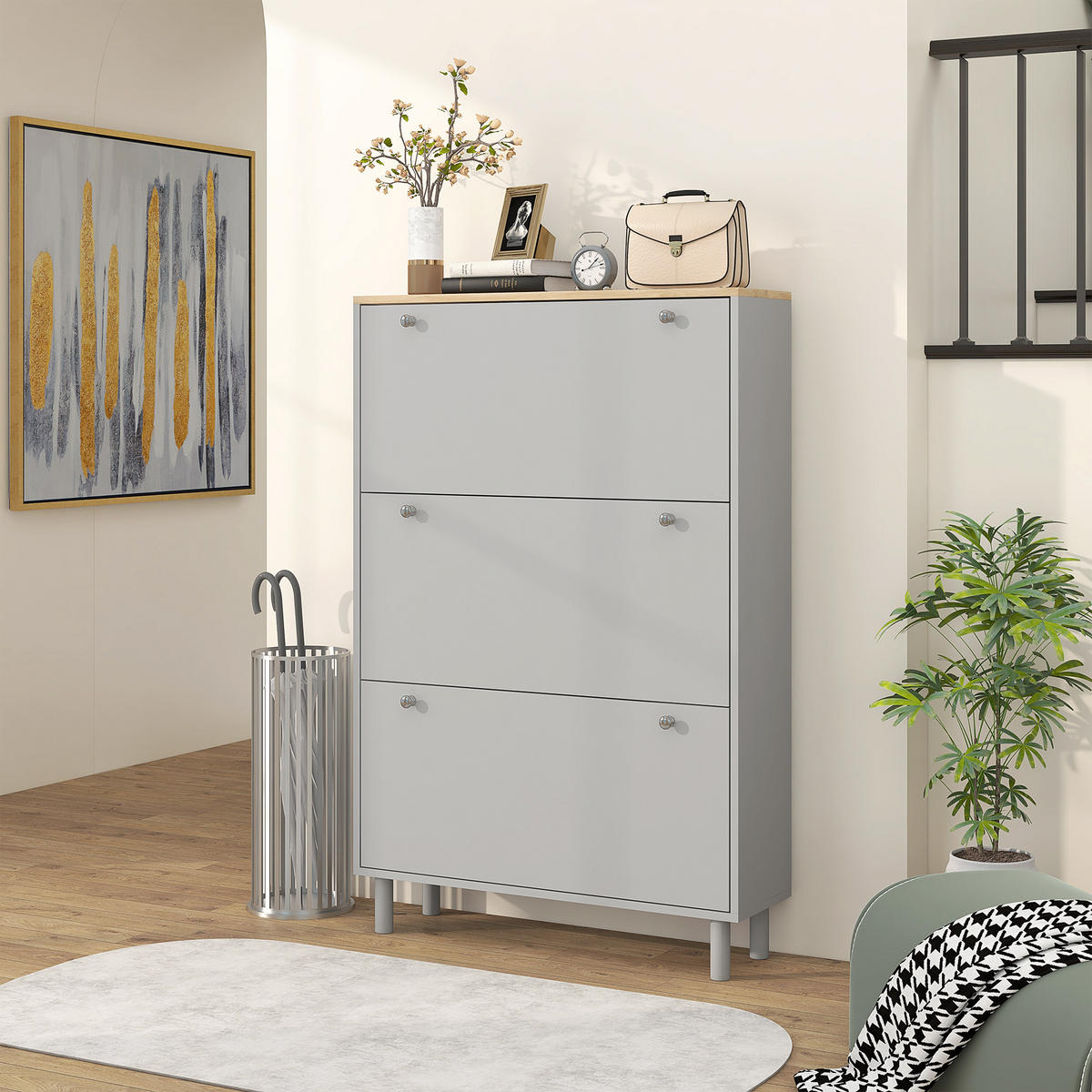 SCHUHSCHRANK DE-15033 3 Klapptüren für bis zu 24 Paar Schuhe Grau - Grau, Holzwerkstoff (80/121/23.5cm) - ComfortXL