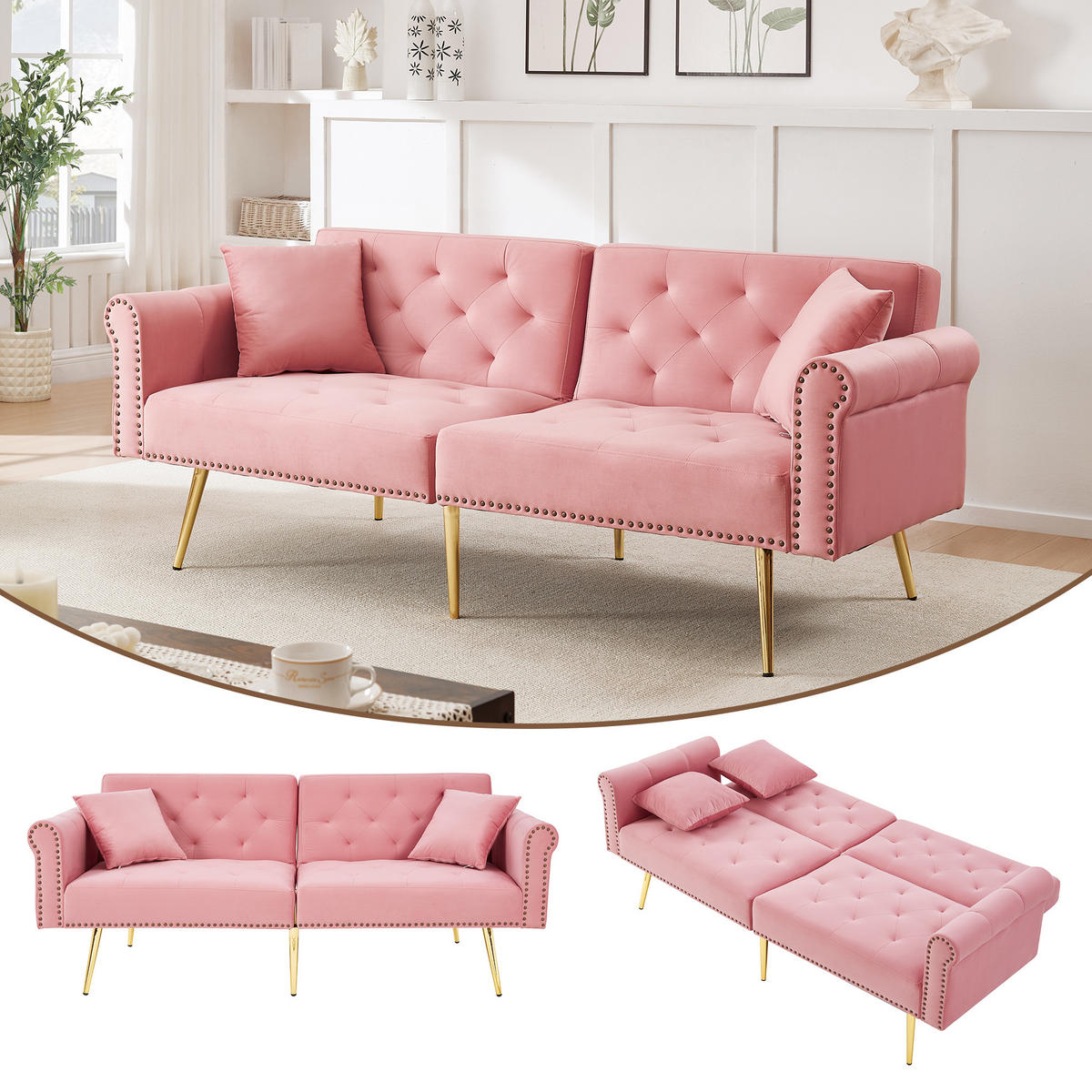 SCHLAFSOFA 2-Sitzer mit verstellbarer Rückenlehne und vergoldeten Metallfüßen Samt Pink 147/85/41 cm - Rosa, Kunststoff (173/70/75cm) - OKWISH