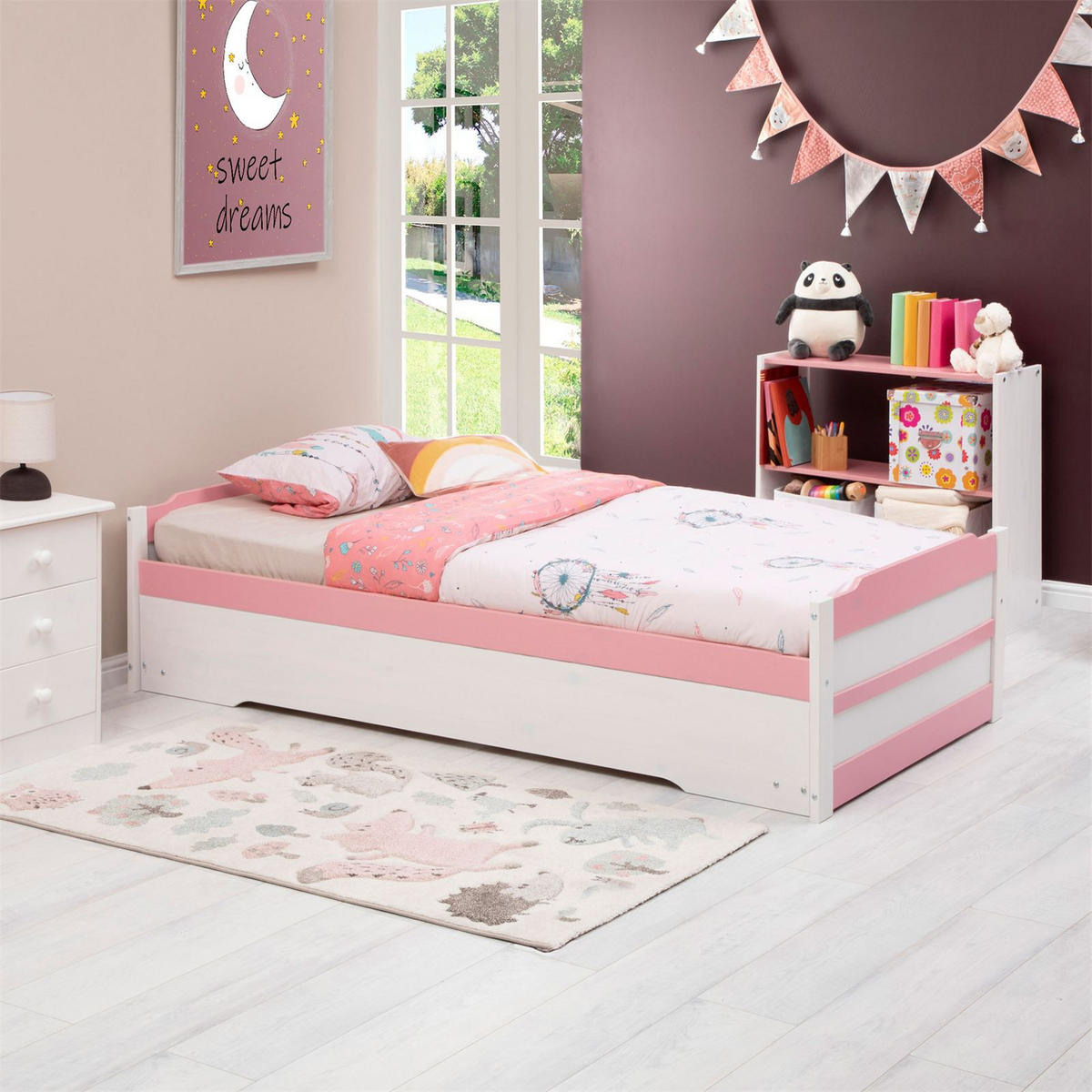 TANDEMBETT LORENA 90X190 CM - Weiß/Rosa, Holz (99/48/195cm) - IDIMEX