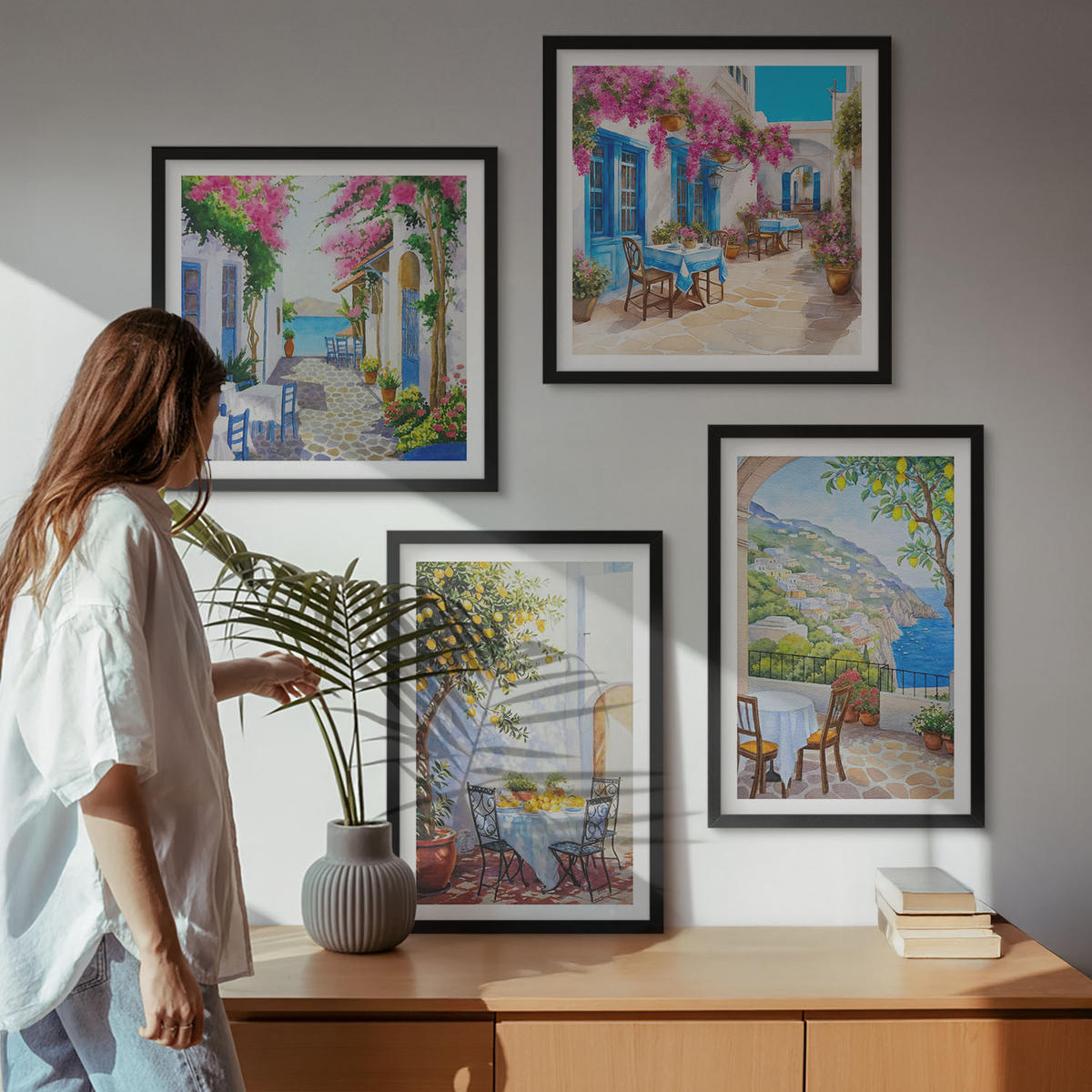 BILDER SET 4er Set - 50x50 cm & 40x60 cm Schwarzer Rahmen - Charmante Straßen mit Pflanzen - Schwarz, Kunststoff (50/50cm) - TULUP