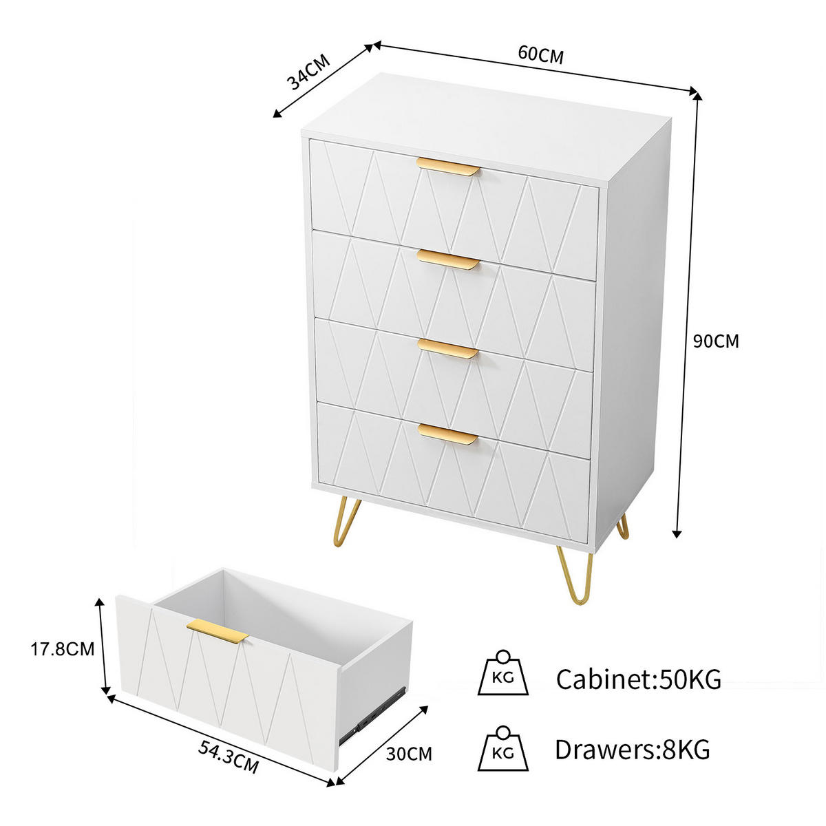 KOMMODE WEIß 4 Schubladen Rautenmuster Melamin - Weiß, Holzwerkstoff (34/90/60cm) - SHOPENTRA
