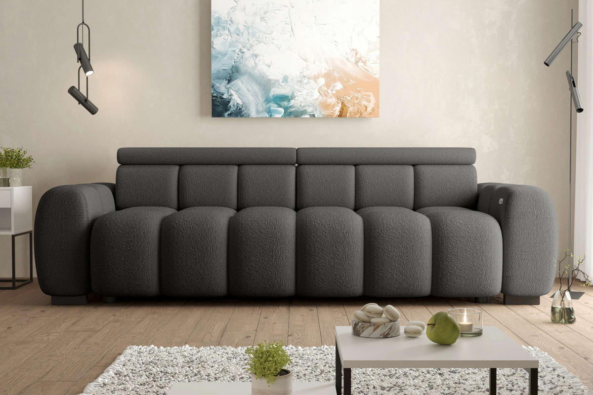 BIGSOFA ALESSIO Bouclé-Stoff Graphitfarben mit elektrischer Sitztiefenverstellung - Graphitfarben, Kunststoff/Textil (248/77/108cm) - 99rooms