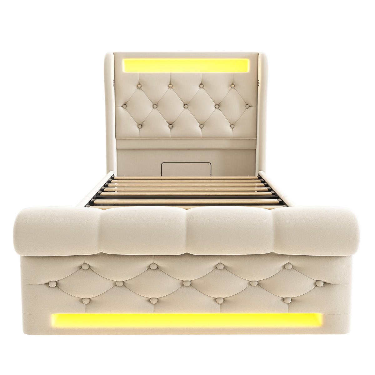 POLSTERBETT 90/200 cm Beige mit LED-Beleuchtung und USB-Anschlüssen - Beige, Textil (90/200cm) - OKWISH