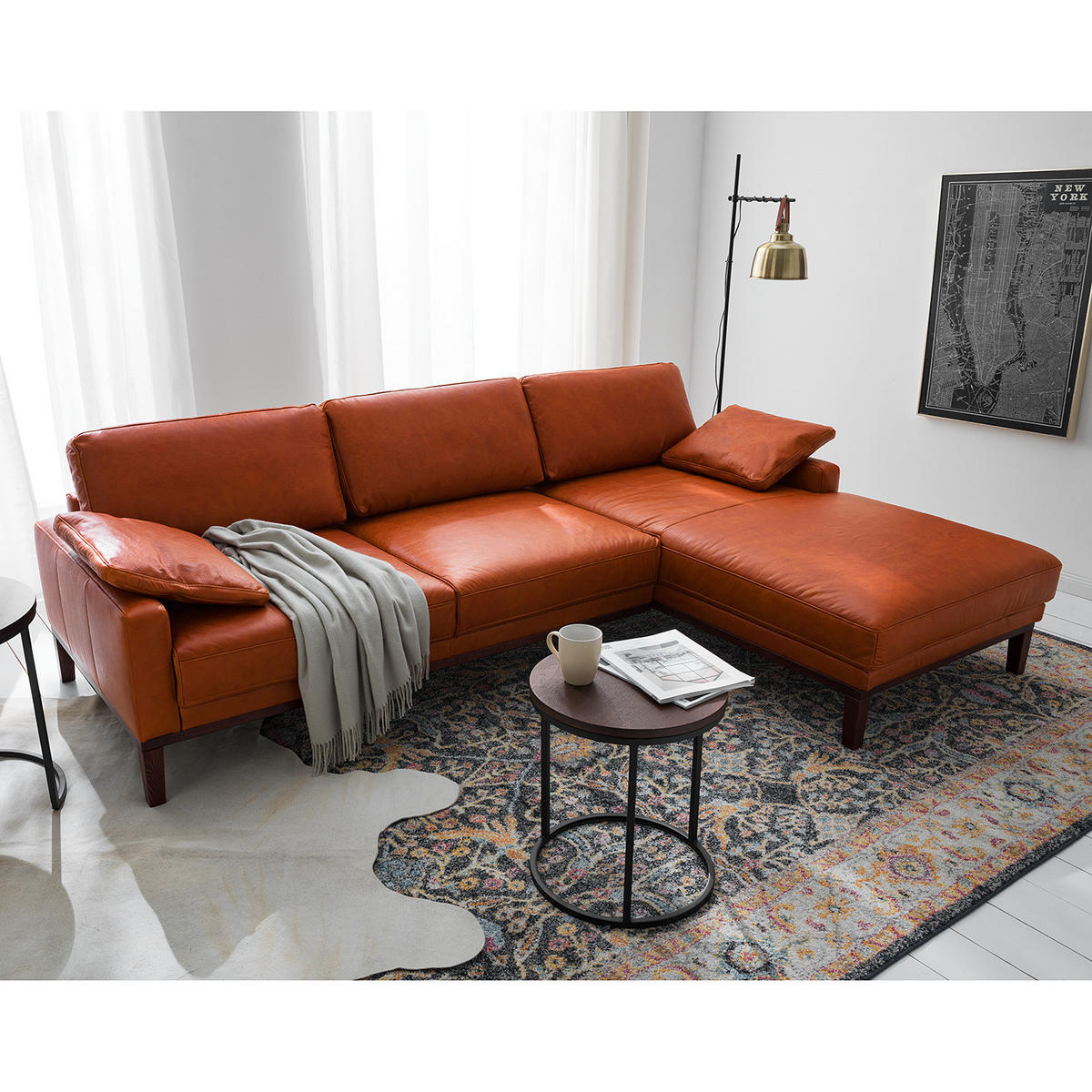 ECKSOFA mit Longchair - Cognac/Dunkelbraun, Leder/Holz (249/171cm) - home24
