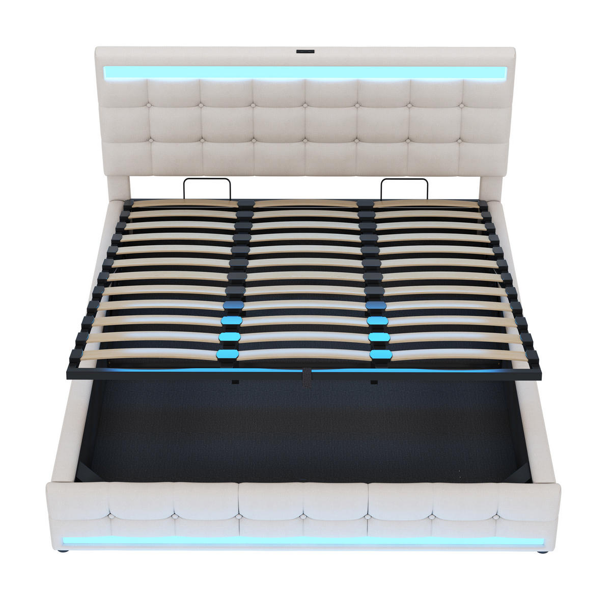 ČALOUNĚNÁ postel 180/200 cm, béžová, lněný vzhled, s LED osvětlením a USB - béžová, textil (180/200cm) - BEAOK