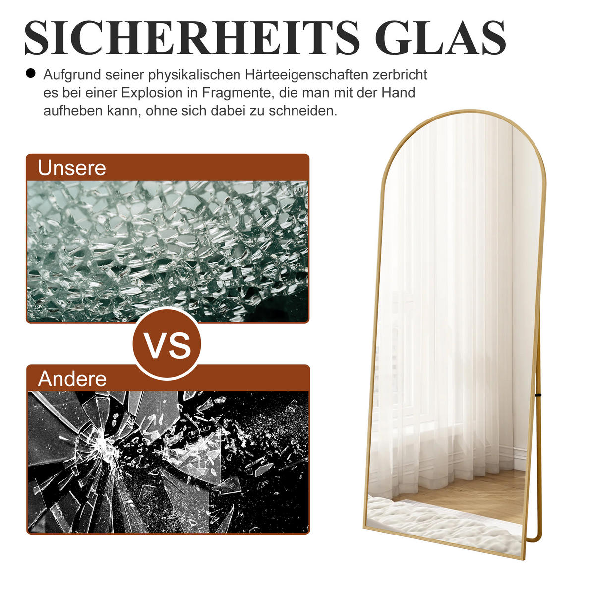 GANZKÖRPERSPIEGEL 54x164 cm, gebogener Aluminiumrahmen, mit explosionsgeschütztem Glas, freistehend oder Wandmontage in Gold - Goldfarben, Glas/Metall (54/2/164cm) - BRILVERDE