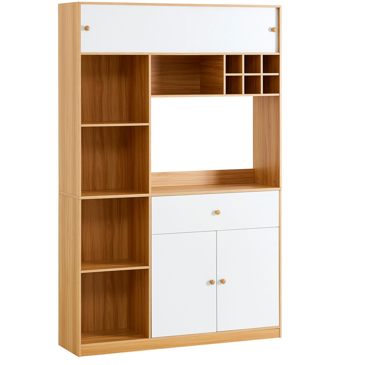 KUHINJSKI ormar od iverice 115x35x180 cm bijela i prirodna s LED rasvjetom, ladicom, trojim vratima i otvorenim policama - bijela, drvni materijal (115/180/35cm) - Modfu