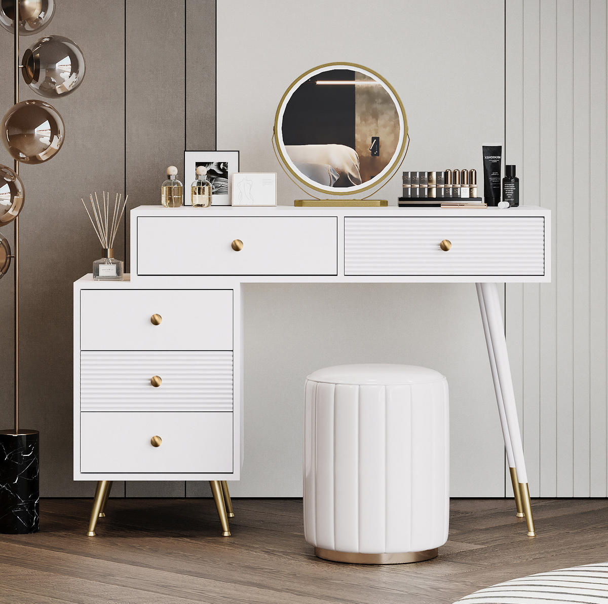 STOL za šminkanje s LED ogledalom, 100/78/40 cm, MDF bijeli, s bočnim ormarićem - bijela, drvni materijal (40/78.5/100cm) - BEAOK