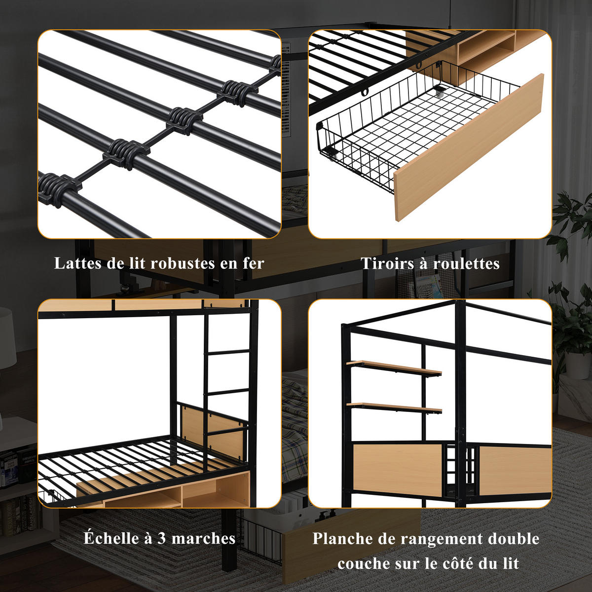 ETAGENBET 90/200 cm Schwarz, Natur - Ahornfarben/Schwarz, Holzwerkstoff/Metall - Raumix
