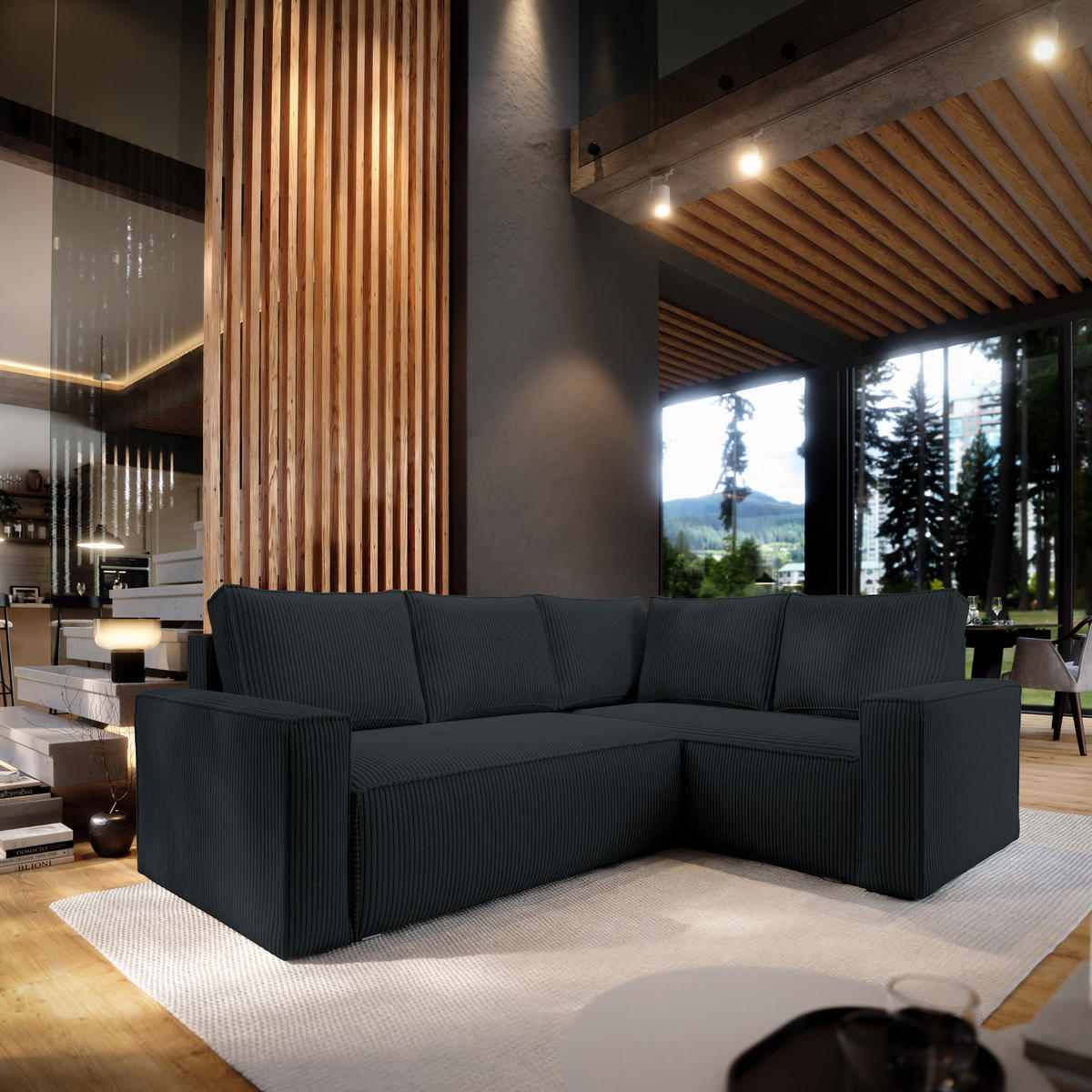 ECKSOFA ESTANO R-S Schwarz Kordstoff mit Schlaffunktion - Schwarz, Holz (230/158cm) - MASSENO
