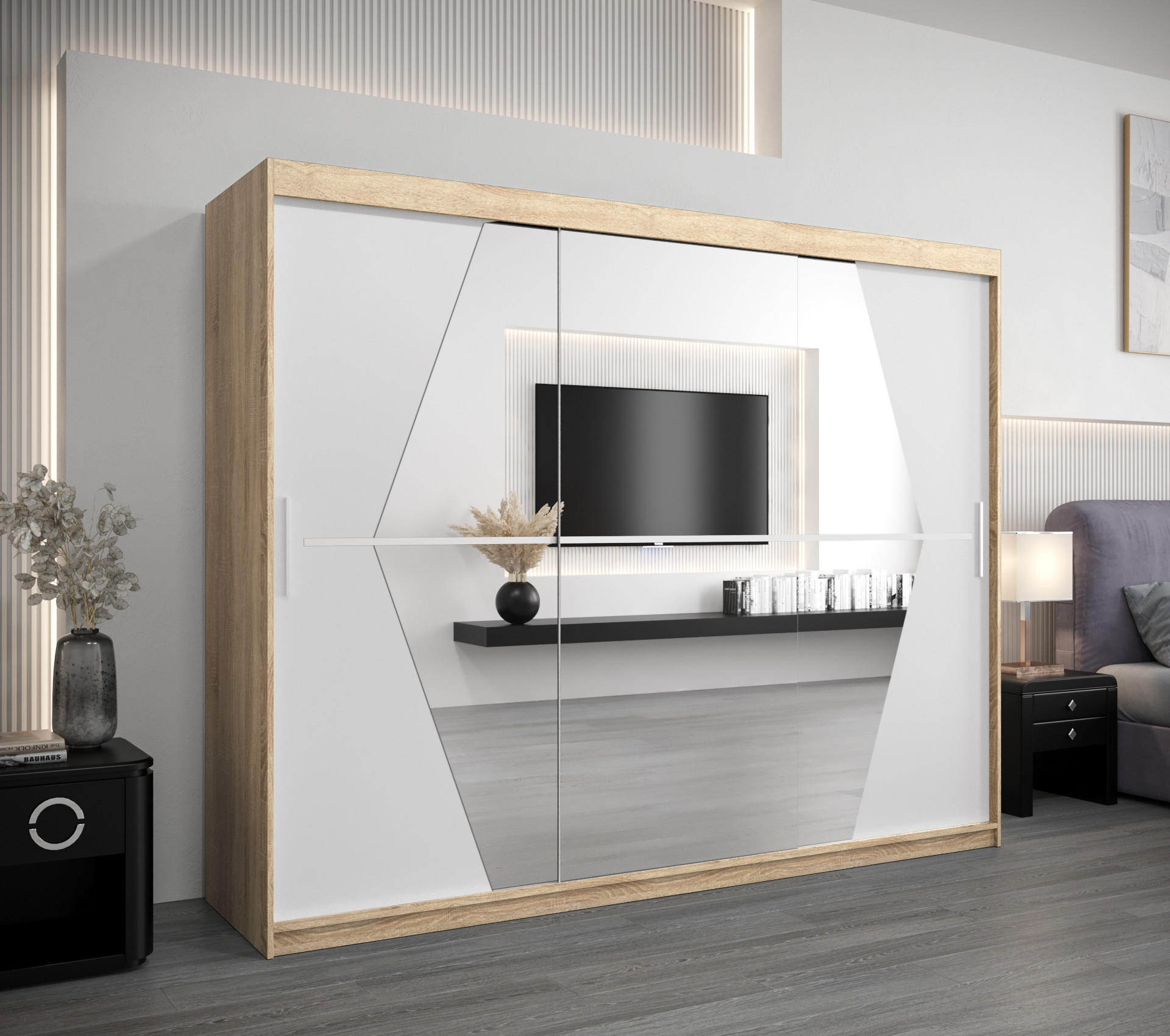 SCHWEBETÜRENSCHRANK 200/250/62 3-türig - Silberfarben/Weiß, Holz/Kunststoff (250/200/62cm) - Abiks Möbel