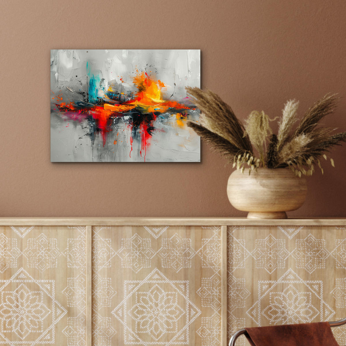 KOVOVÝ OBRAZ Moderné umenie - Oranžová - Sivá - Abstraktné 40x30 cm - svetlosivá, kov (40/30cm) - MuchoWow