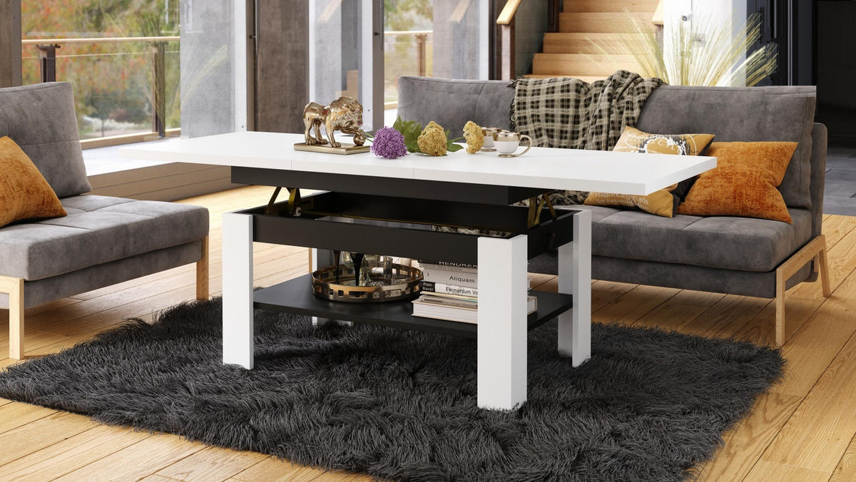 COUCHTISCH rechteckig Weiß - Schwarz ausziehbar höhenverstellbar - Schwarz/Weiß, Holzwerkstoff (65/130/58cm) - designimpex