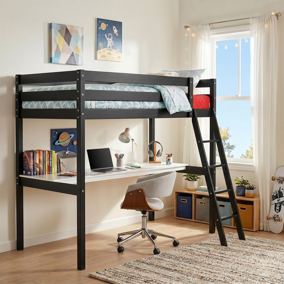HOCHBETT ASPEN mit Schreibtisch / Hochbett 90x190 - Schwarz - Schwarz, Holz (90/190cm) - Weber Industries