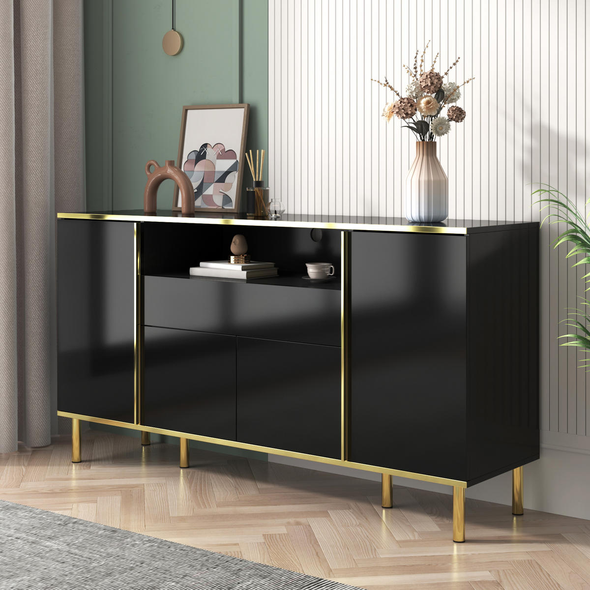 SIDEBOARD 150x40x80cm Schwarz Hochglanz Mit 1 Schublade - Schwarz, Holzwerkstoff (40/80/150cm) - FLIEKS