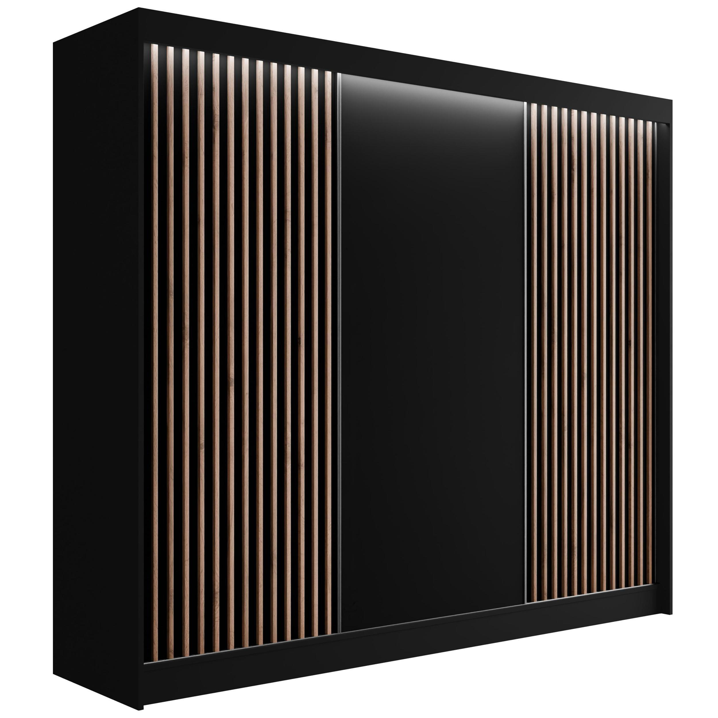 ALTDECOR ŠATNÍ SKŘÍŇ s LED, lamelové posuvné dveře VILANv2 – 250 cm černá + lamely dub wotan