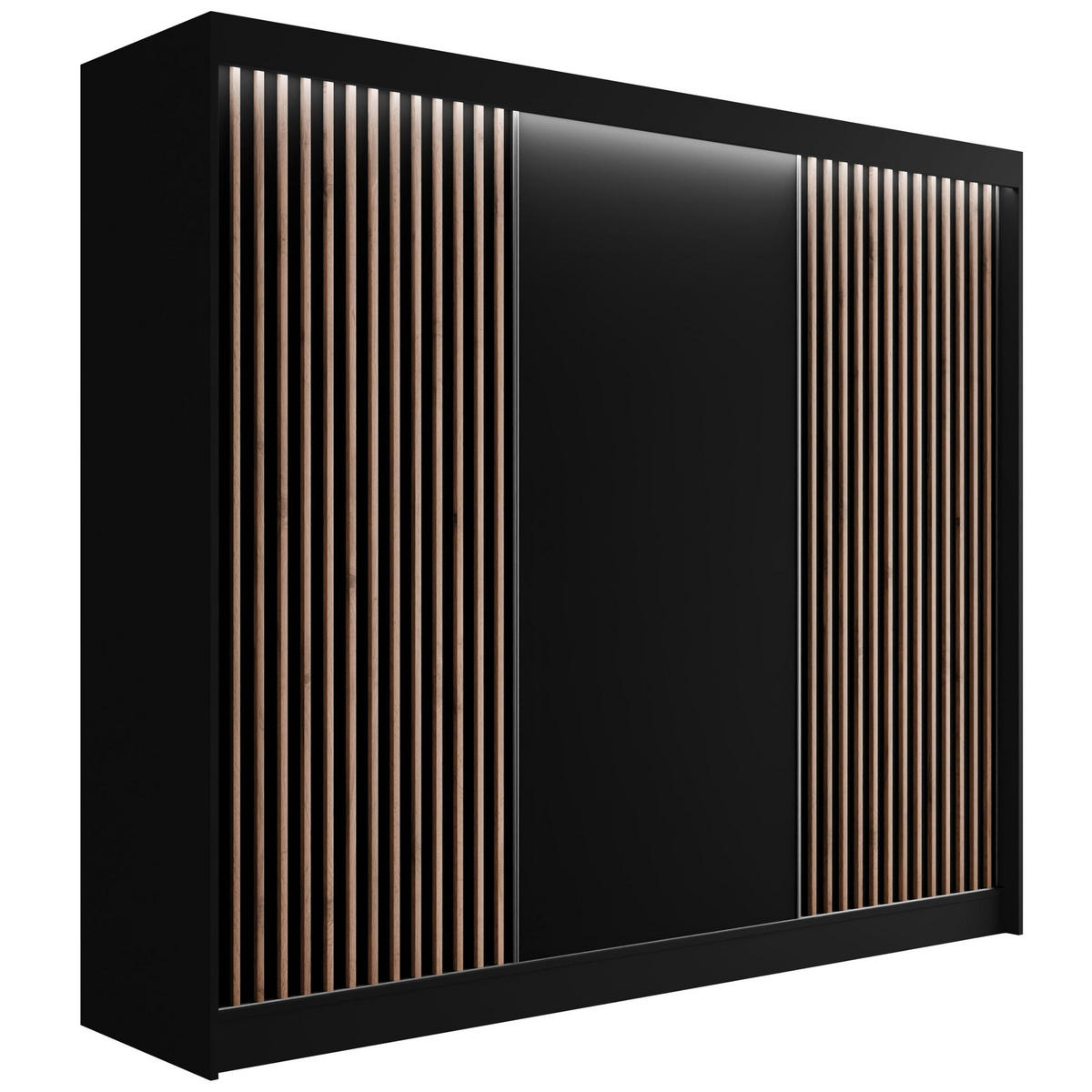 KLEIDERSCHRANK mit LED, Lamel-Schiebetüren VILANv2 - 250 cm Schwarz + Lamelle Eiche Wotan - Eiche Wotan/Schwarz, Holzwerkstoff (250/215/61cm) - ALTDECOR