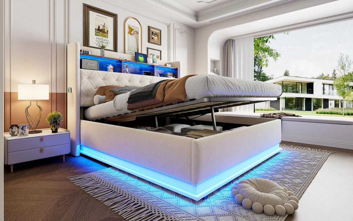 POLSTERBETT 180/200 cm Beige aus Stoff mit LED und USB - Beige, Textil (180/200cm) - OKMYHOME