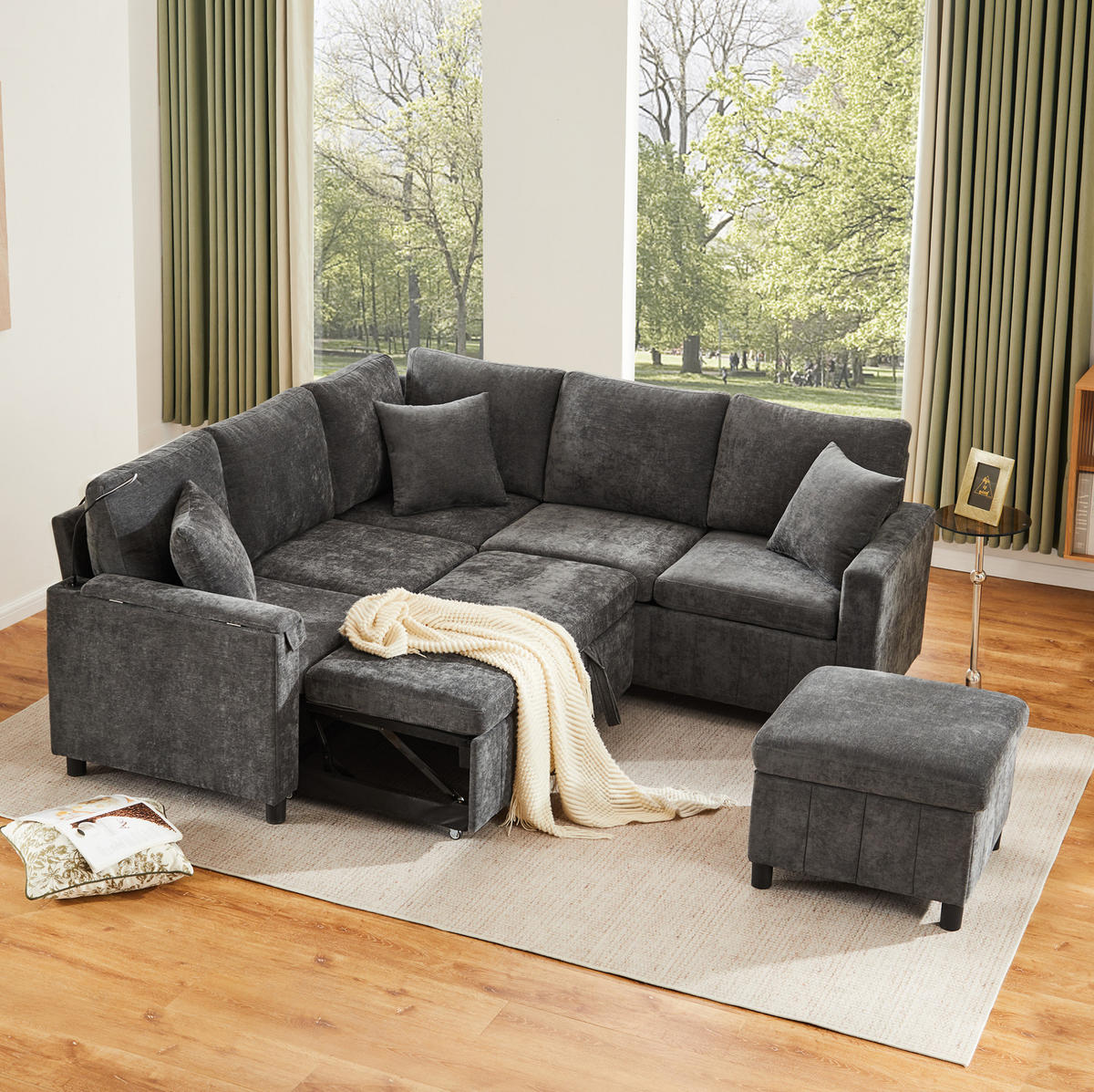 ECKSOFA Chenille mit Schlaffunktion und Hocker, USB-Anschluss/Type-C 205/205/85 cm Grau - Grau, Textil (205/205cm) - Redom