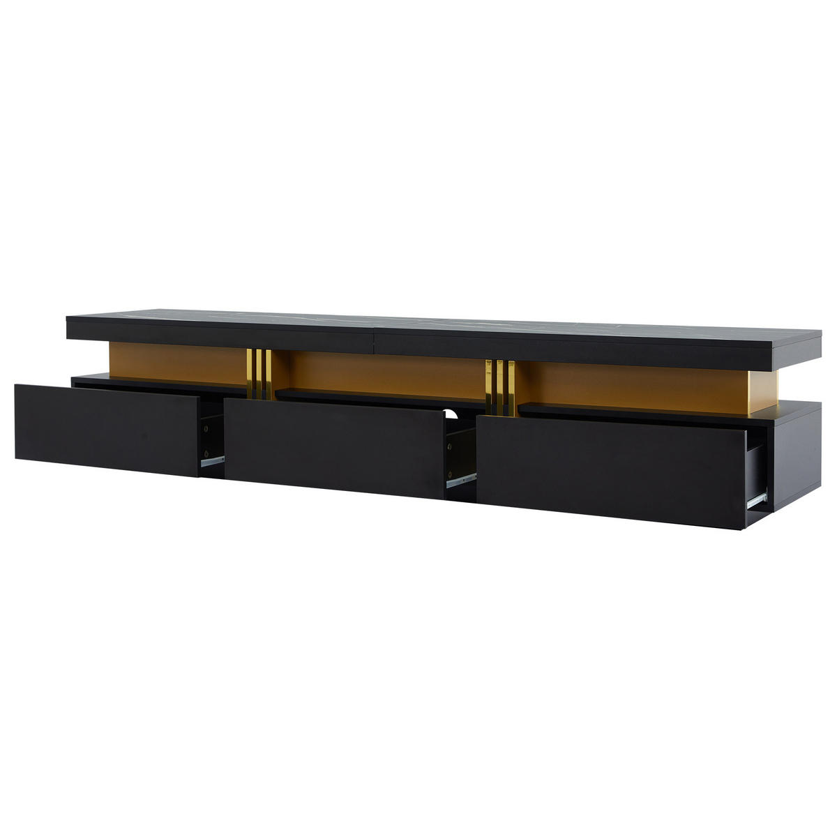 LOWBOARD 200/40/42 cm aus Spanplatte mit Marmor-Optik und 3 Schubladen Schwarz - Schwarz, Holzwerkstoff (200/42/40cm) - Modenvie