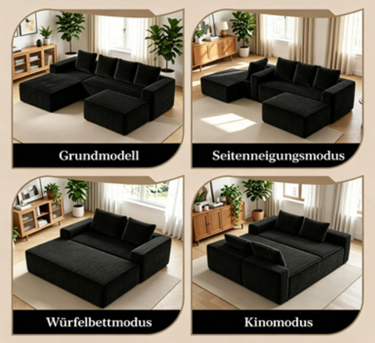 ECKSCHLAFSOFA aus Cord 261x168x58 cm mit Chaiselongue und ohne Montage, schwarz - Schwarz, Textil (261/168cm) - Luhomfu
