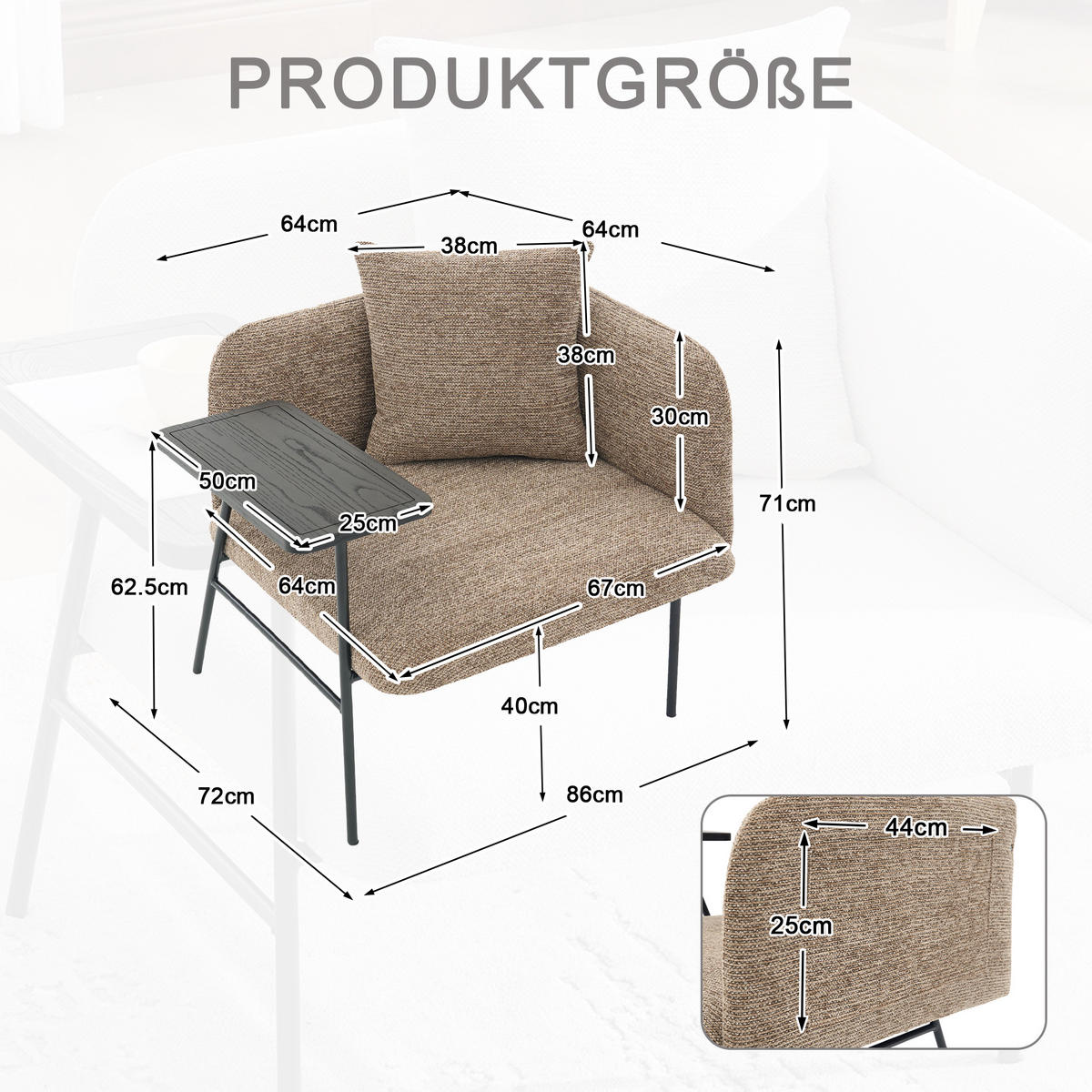 SESSEL Chenille Khaki mit Beistelltisch und Seitentaschen - Hellbraun, Textil/Metall (86/71/72cm) - WISHDOR
