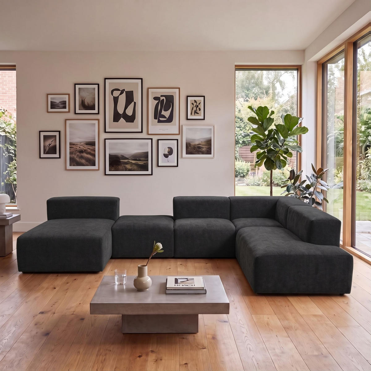 5-SITZER modulares Wohnlandschaft U XXL HEAVEN SET 6 Rechts, Breite 375 cm Webstoff Schwarz - Schwarz, Holz/Kunststoff (245/73/375cm) - Muffo