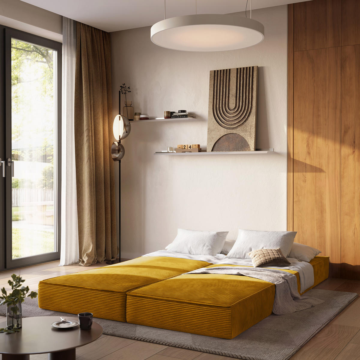 ECKSOFA NOTIA modulares Boneless Sofa mit Schlaffunktion Gelb Cordstoff - Gelb, Textil (200/120cm) - MASSENO