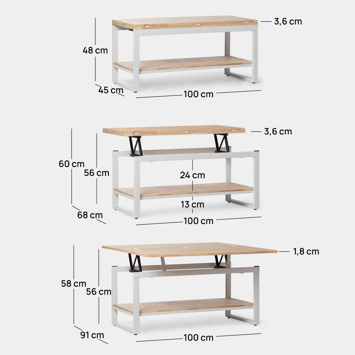 COUCHTISCH HOCHKLAPPBARER Alvi Weiß 100 cm x 49 - 61 cm - Weiß, Holz (45/100/49cm) - Klast Home