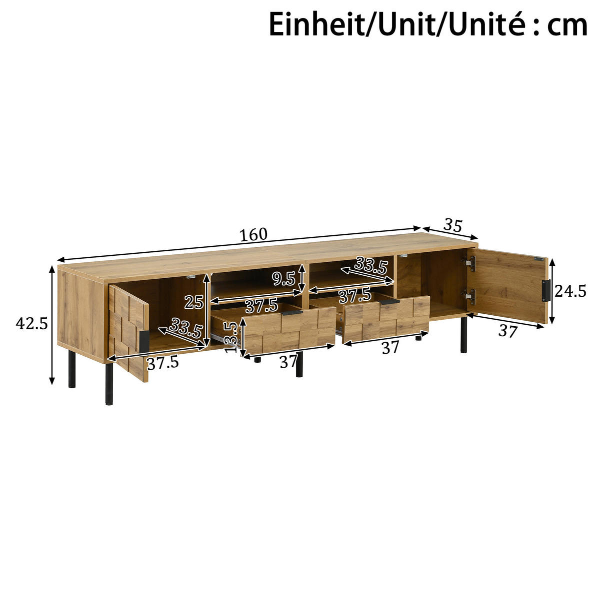TV-LOWBOARD 160/35/42,5 cm natur schwarz aus Spanplatte mit Mosaik-Fronten - Naturfarben, Holzwerkstoff (35/42.5/160cm) - OKWISH