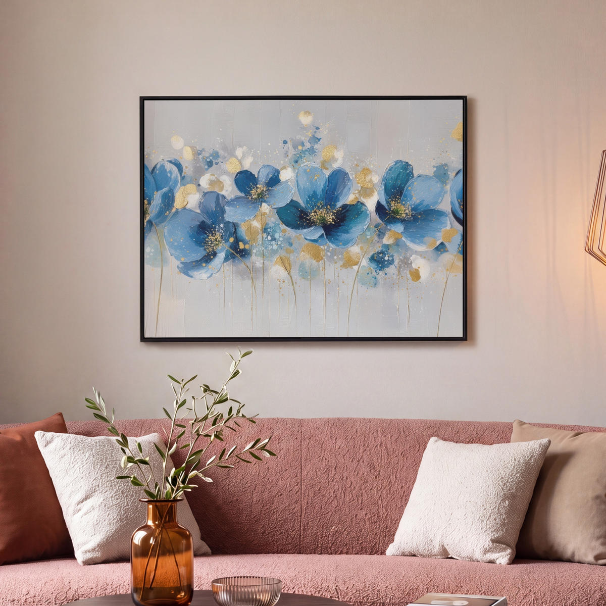 LEINWAND Bilder mit Rahmen - Blumen - Blau - Abstrakt - 80x60 - Hellgrau, Textil (80/60cm) - MuchoWow