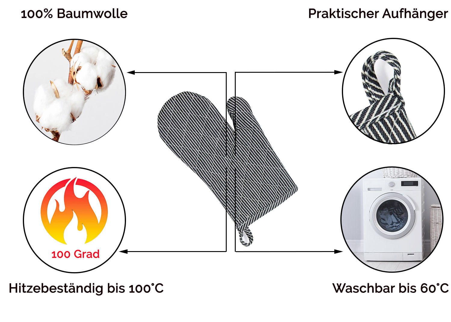 OFENHANDSCHUHE, 18x25 cm, 100% Baumwolle, Grau - Schwarz, Textil (18/25cm) - Zollner