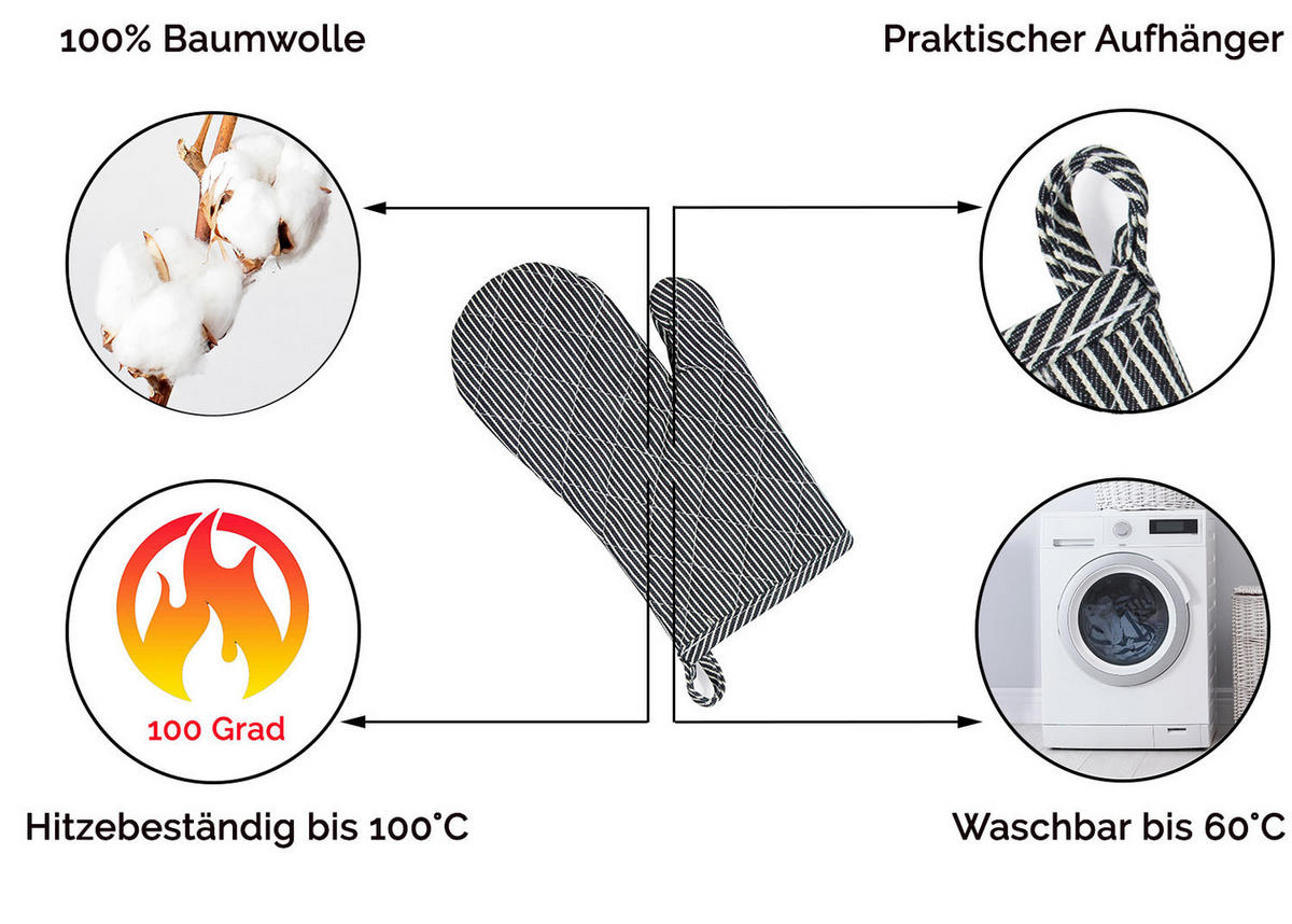 OFENHANDSCHUHE, 18x25 cm, 100% Baumwolle, Grau - Schwarz, Textil (18/25cm) - Zollner