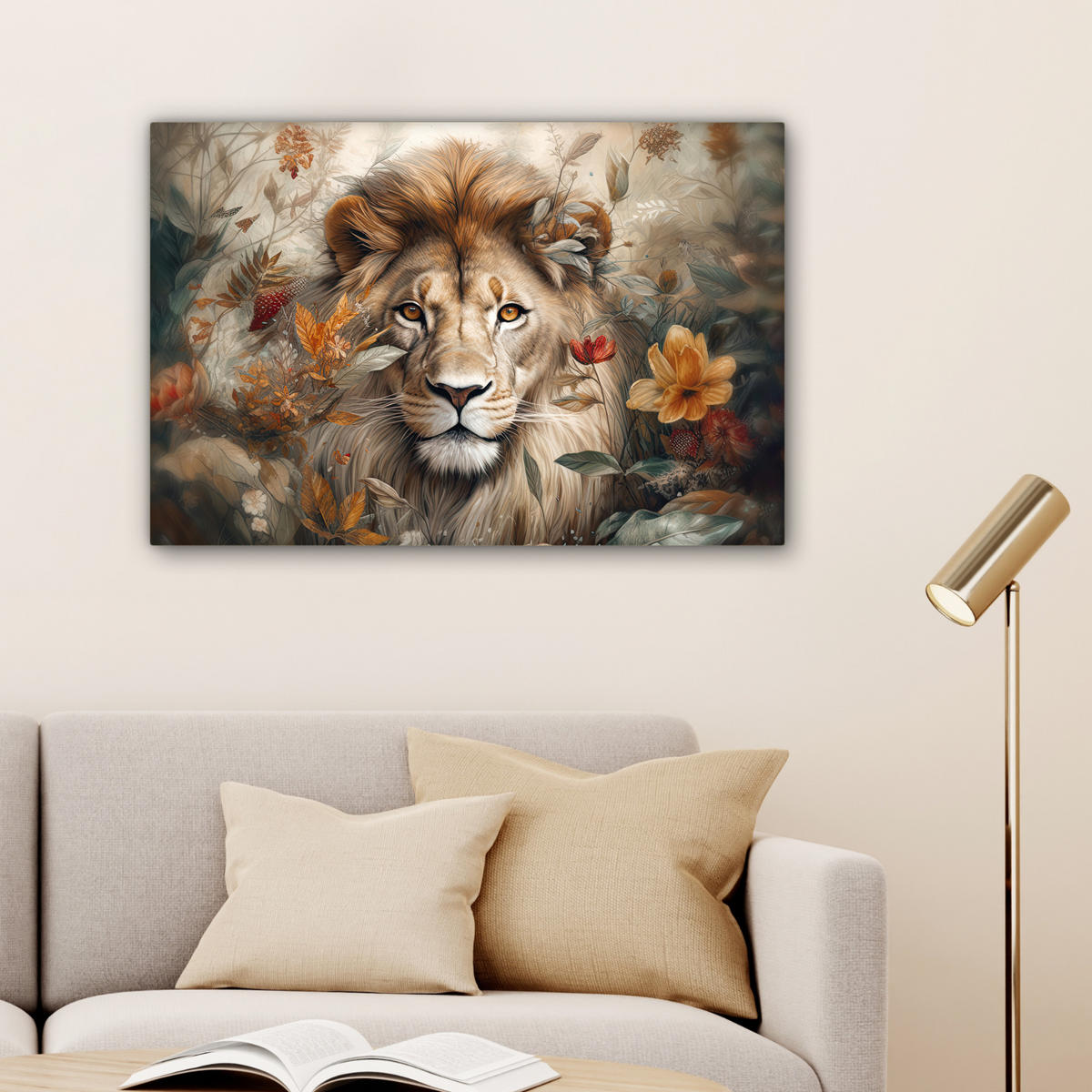 LEINWANDBILD Löwe - Wildtiere - Pflanzen - Natur - Blumen Wanddeko 90x60 cm - Beige, Textil (90/60cm) - MuchoWow
