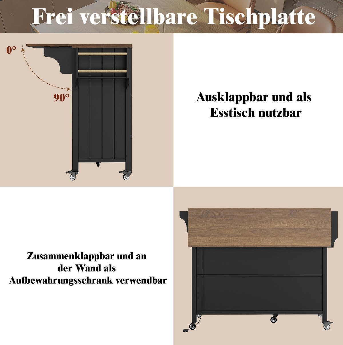 KÜCHENINSEL 139/40/94 cm in Schwarz mit klappbarer Platte und LED - Schwarz, Holzwerkstoff (139/94.5/40cm) - BEAOK