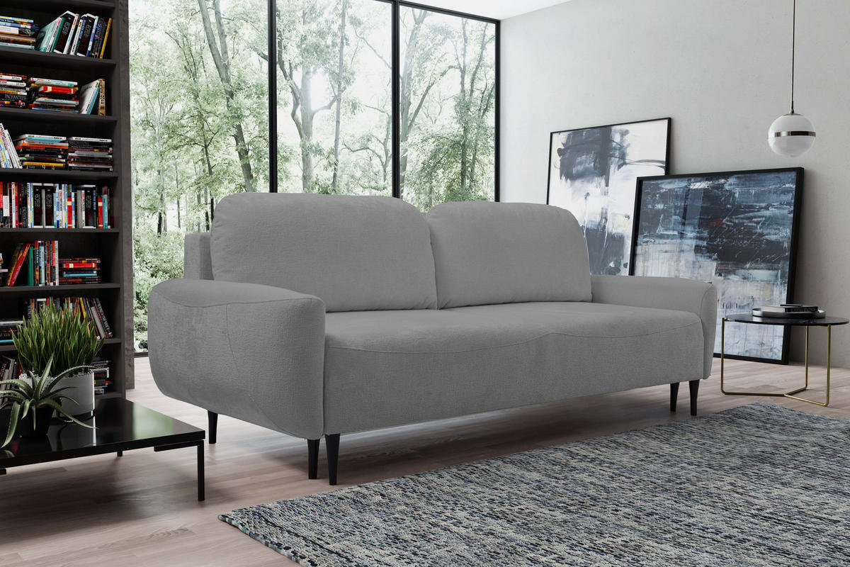 SOFA BOHO Mit Schlaffunktion Und Bettkasten, Wellenfederung, PUR-Schaum, Holzfüße, lose Rückenkissen, freistehend, 244x102x92 cm Dark grey - Dunkelgrau, Holz/Textil (244/92/102cm) - DomoHome