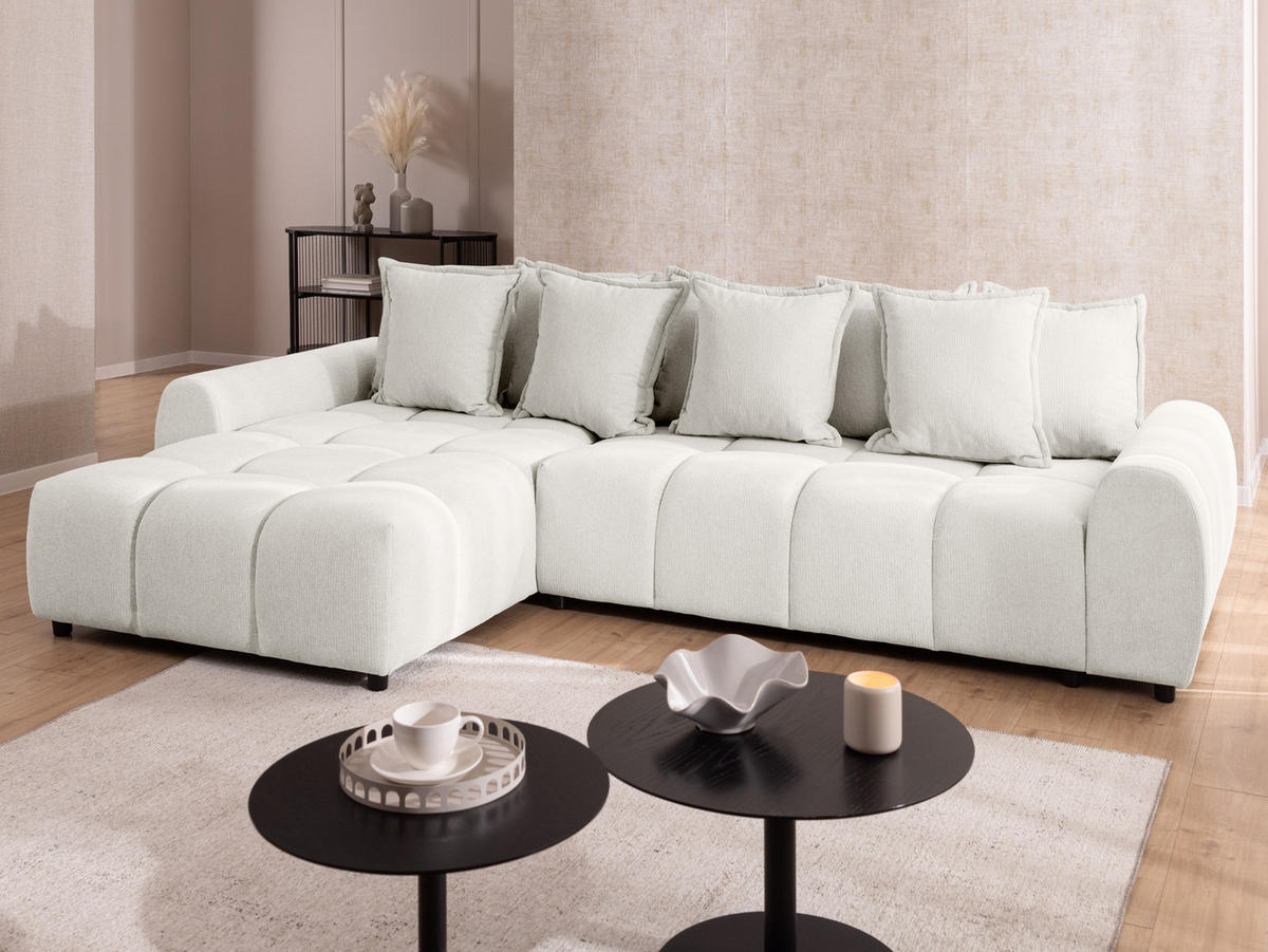 ECKSOFA Bubble mit losen Rückenkissen und Sitzfläche in Bubble-Optik aus weichem Creme Strukturstoff mit schöner Sitzkomfort - Ottomane links - Creme/Schwarz, Holz/Kunststoff (180/306cm) - S-Style Möbel
