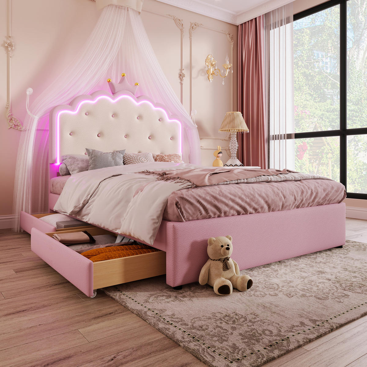 POLSTERBETT 140x200cm Rosa PU Kronprinzessinnenform Ausziehbett 2 Schubladen - Pink, Holz (140/200cm) - FLIEKS