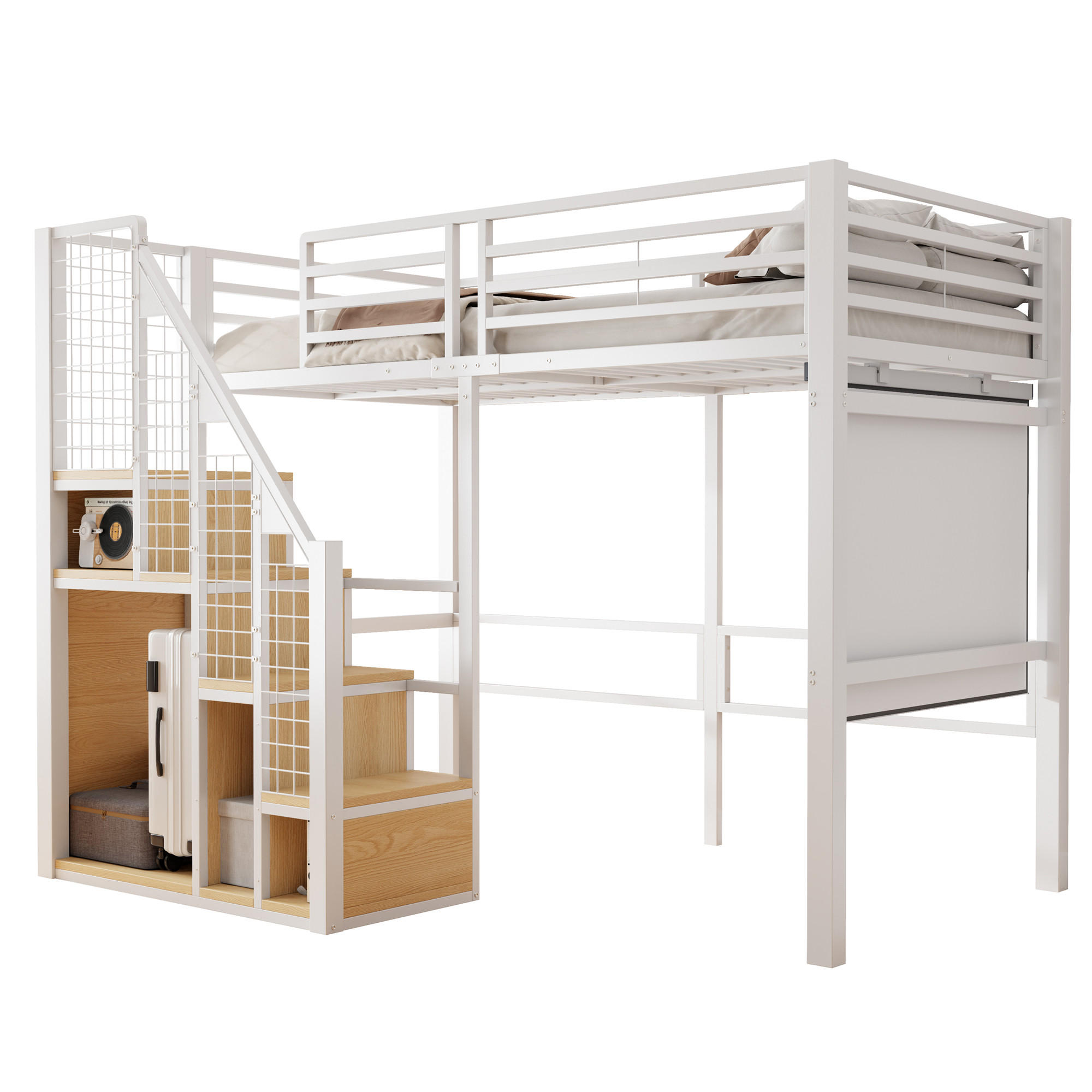 HOCHBETT aus Metall 90x200 cm in Weiß mit Treppe & Stauraum - Weiß, Metall (90/200cm) - Modfu