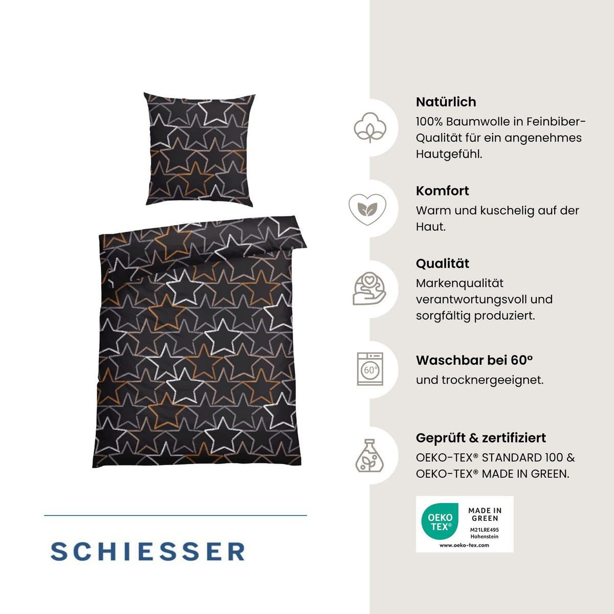 BETTWÄSCHESET Lizzy - Feinbiber - 2-teilig - 135x200 cm - Dunkelgrau - Dunkelgrau, Textil (135/200cm) - SCHIESSER