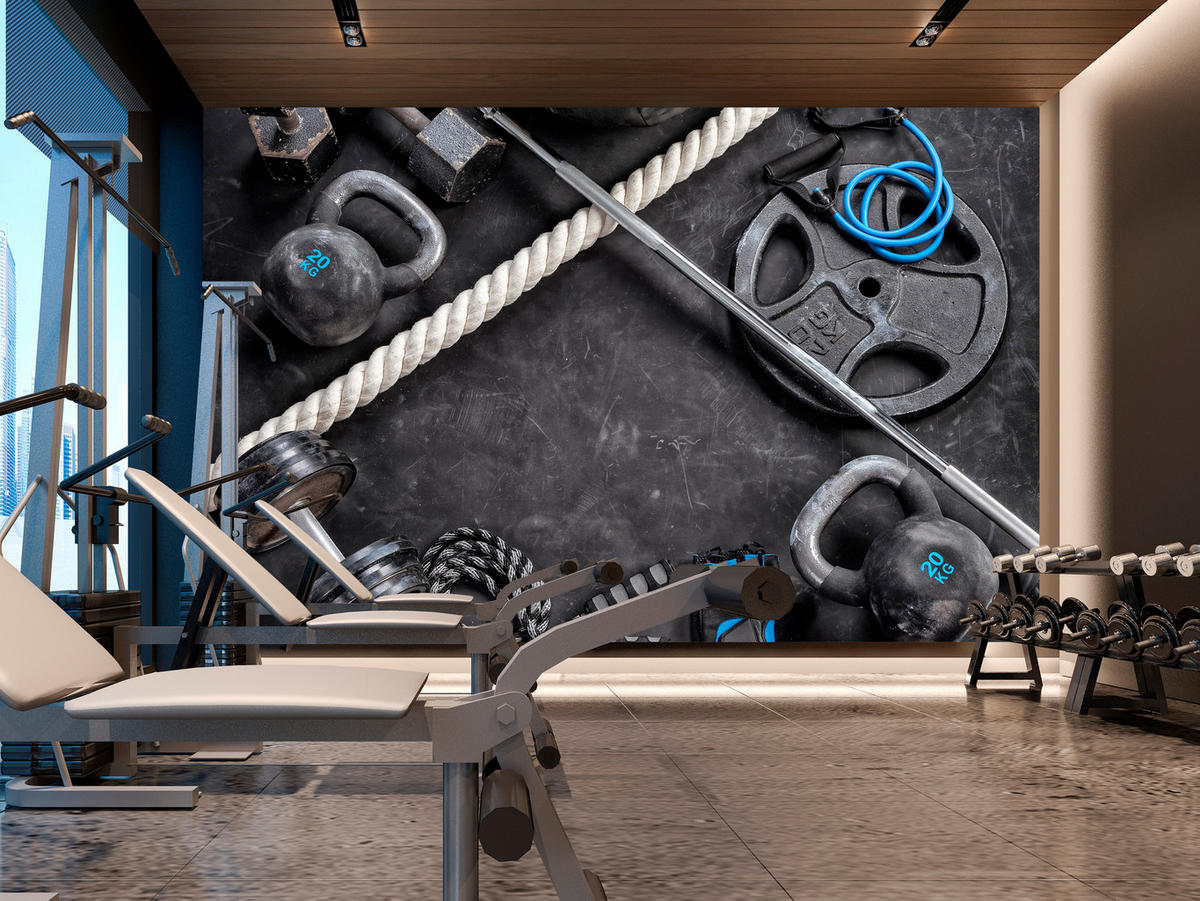 FOTOTAPETE für Fitnessstudio Sportgeräte zum Trainieren Kettlebells Hanteln 400x280 - Blau/Creme, Papier (400/280cm) - Muralo