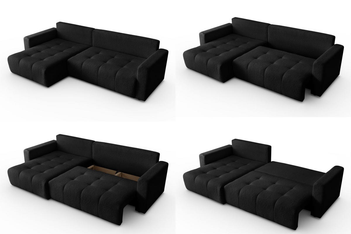 ECKSOFA Viola in L-Form, schwarz, Lammfelloptik, 261 x 143 cm mit Schlaffunktion und Bettkasten - Schwarz, Textil (261/143cm) - Margaret Hadas24
