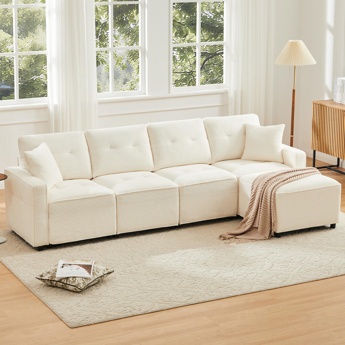 ECKSOFA 280/146/85 cm Beige aus Cord mit Stauraum und Hocker - Beige, Textil (146/280cm) - OKWISH