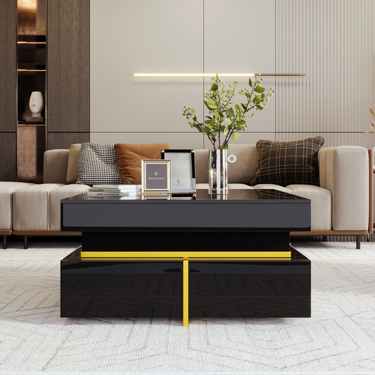 COUCHTISCH Schwarz Gold mit 2 Schubladen und Zierstreifen - Schwarz, Metall (70/70/35cm)
