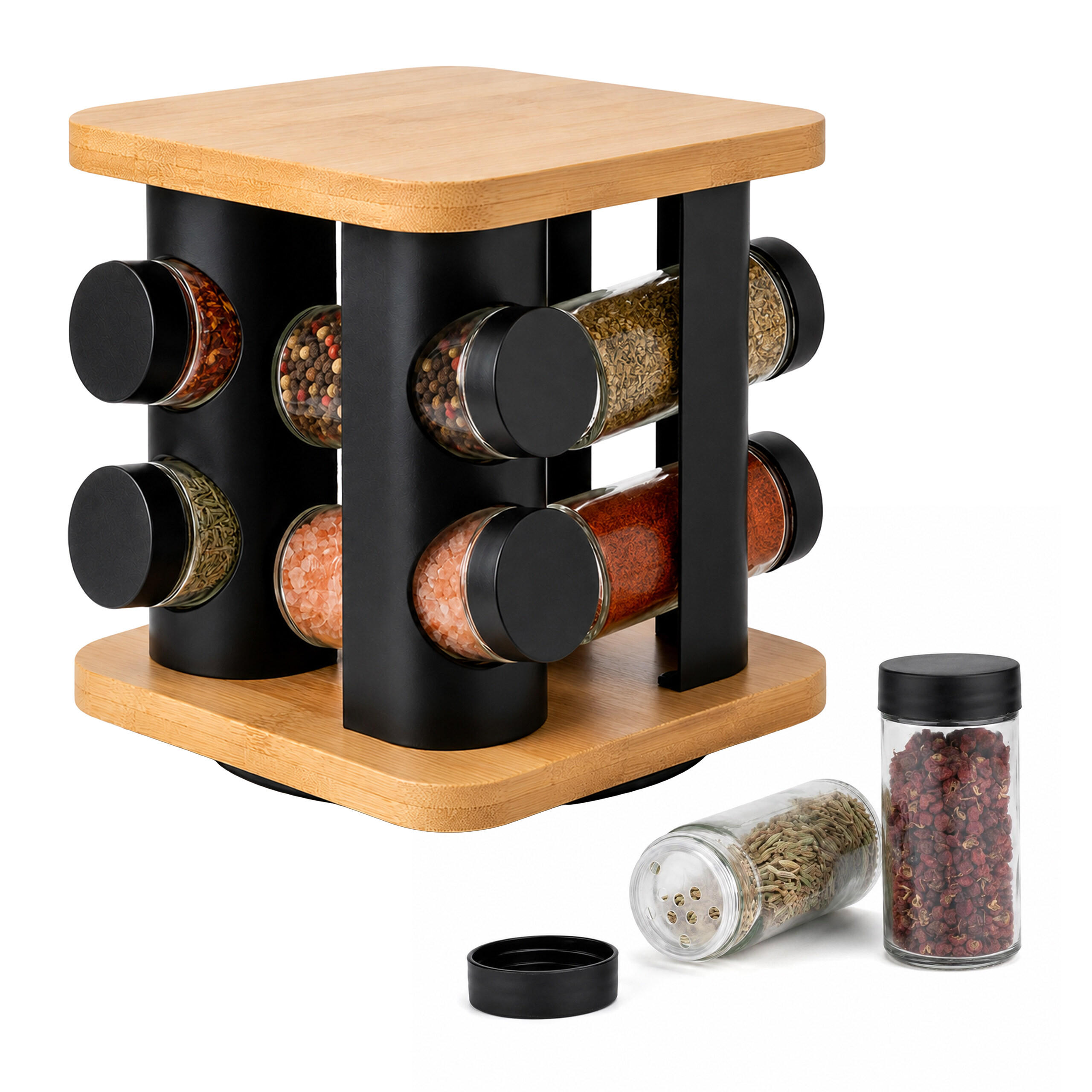 GEWÜRZKARUSSELL Natur Schwarz Transparent 8er-Set drehbar 16,5 cm - Multicolor, Glas/Holz (18.5/16.5/18.5cm) - Relaxdays