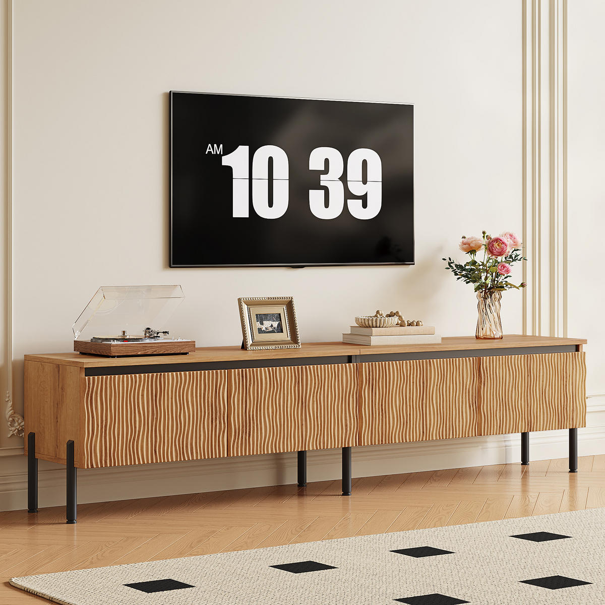 TV-LOWBOARD 4 Türen Wellen Design Stauraum Metallfüße Modern - Naturfarben, Holzwerkstoff (180/43/35cm) - FLIEKS